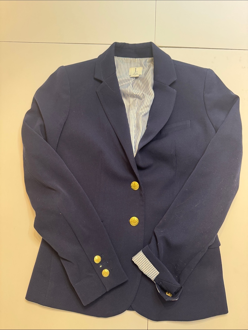 J. Crew Navy Blazer with Gold Buttons and Striped Lining